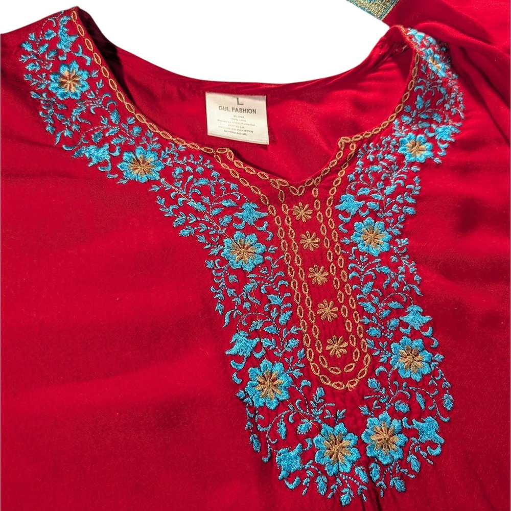 Gul Fashion Embroidered Shirt Tunic Linen Red with Blue Floral Trim Womens Large